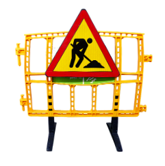 Valla de plástico con señal flexible de obras. Valla con señal